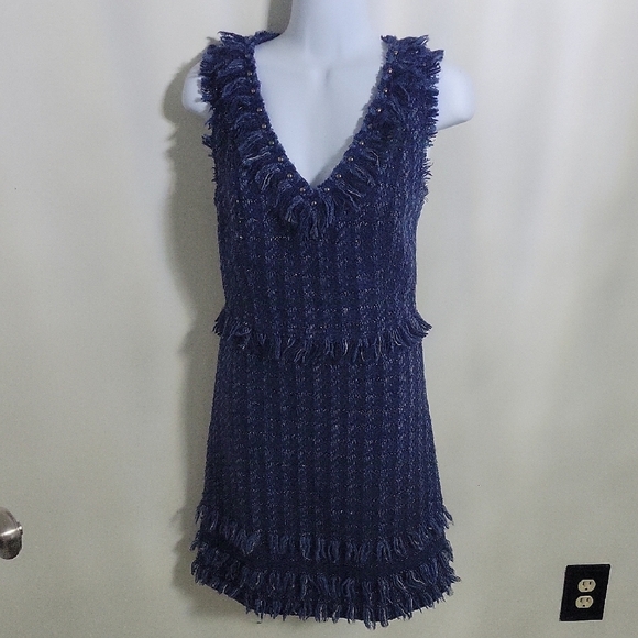 Kate Spade Madison Ave Fringe V-Neck Tweed Jasmeen Blue Metallic Dress Sz 8 - Picture 1 of 7